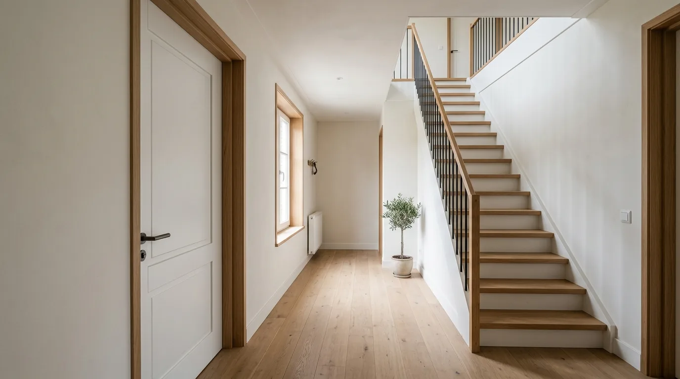 Modern halinterieur met nette binnendeur, strakke kozijnen en houten trap