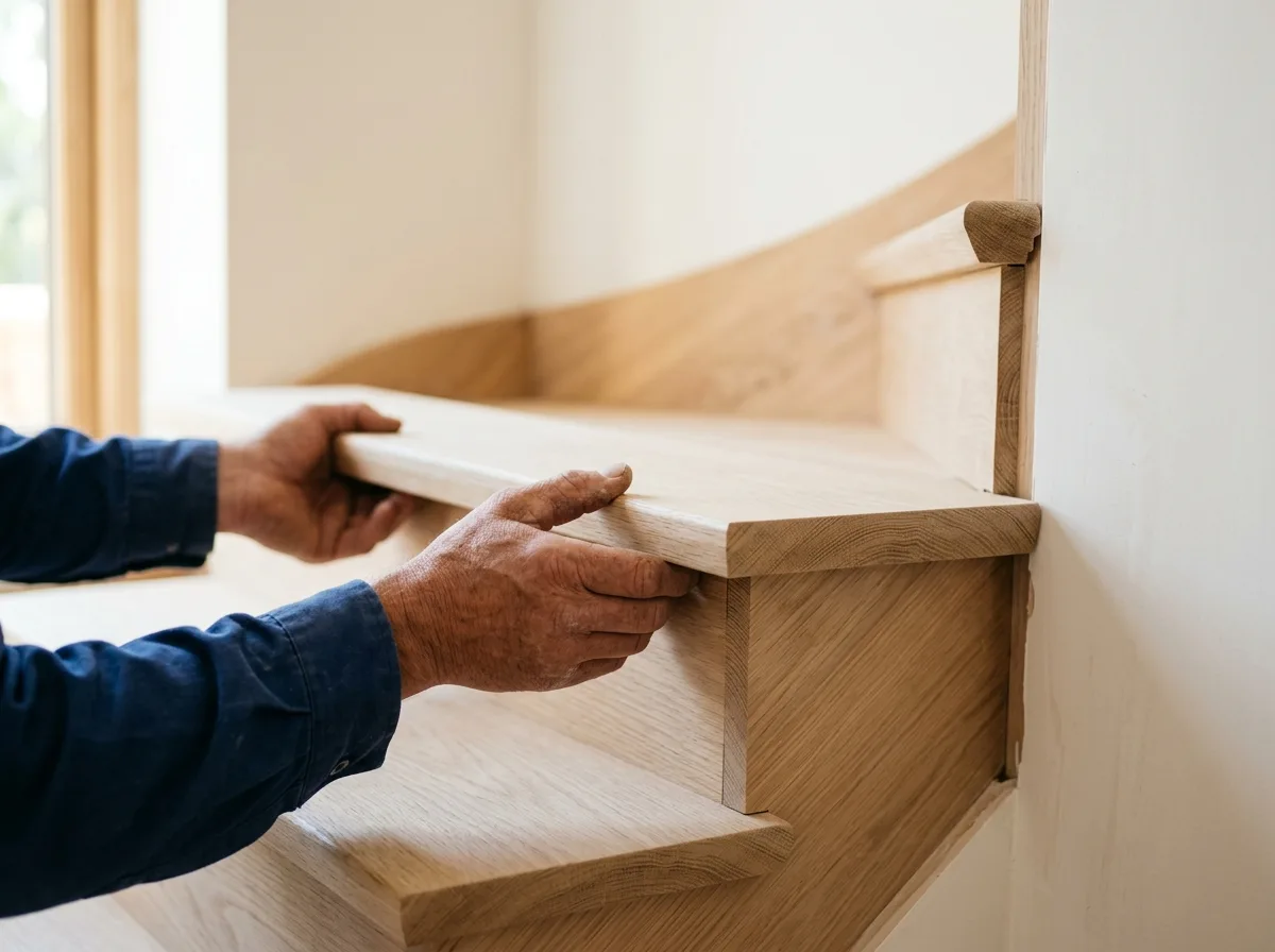 Vakman monteert nauwkeurig houten deurkozijn of trapdeel in renovatieproject