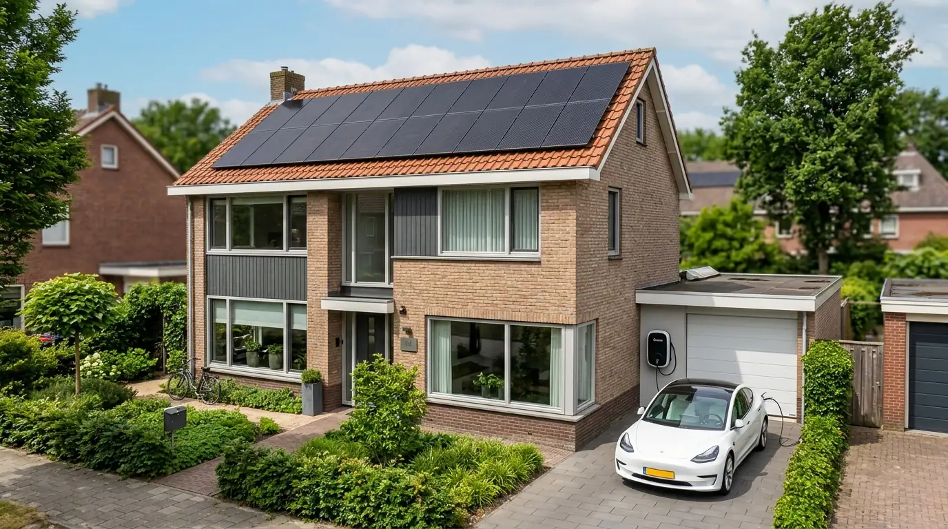 Moderne woning met zonnepanelen en laadpaal in nette residentiële setting