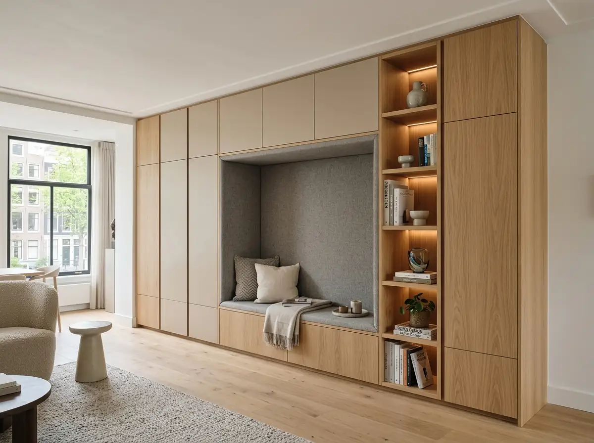 Maatwerk kastwand met geïntegreerde opbergruimte in modern afgewerkt interieur