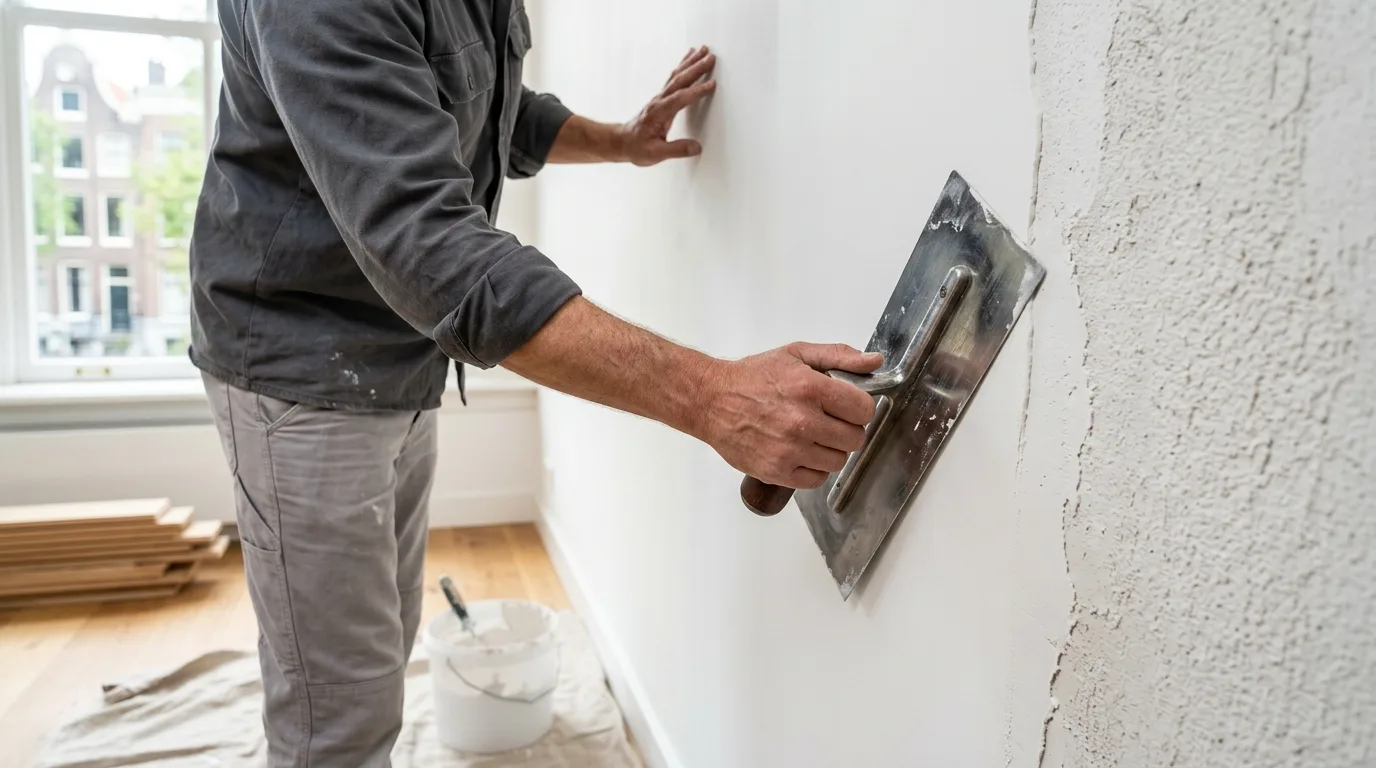 Vakman brengt strak wit stucwerk aan op binnenmuur in renovatieproject