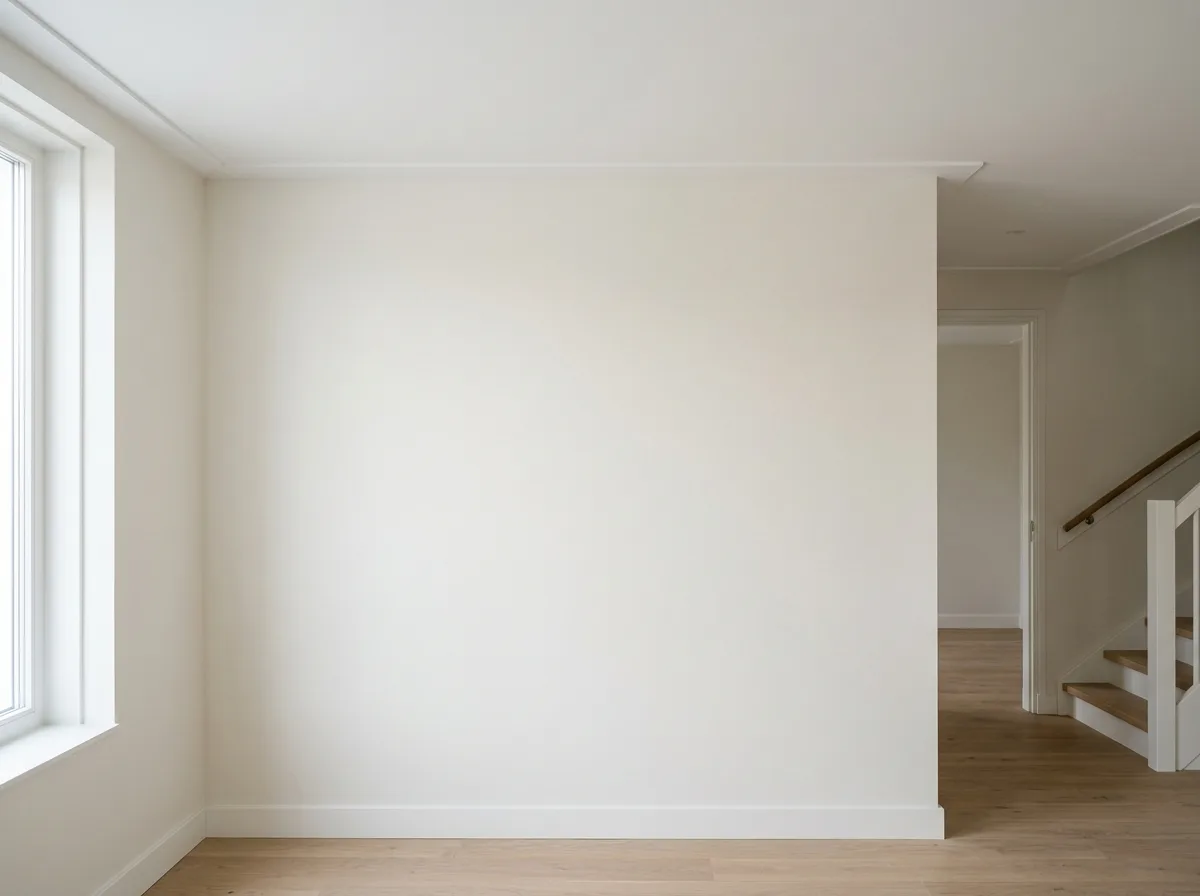 Strak geschilderde binnenwand met egale afwerking en nette lijnen langs plafond en plint