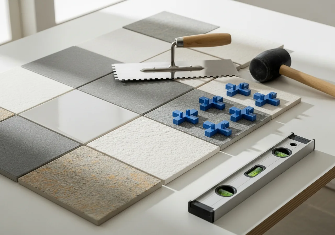 Hoogwaardige tegels met professioneel tegelgereedschap in nette renovatiesetting