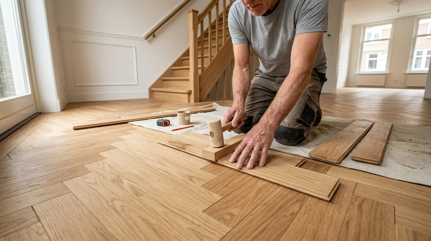 Vakman legt eiken visgraatvloer in modern interieur met nauwkeurige afwerking