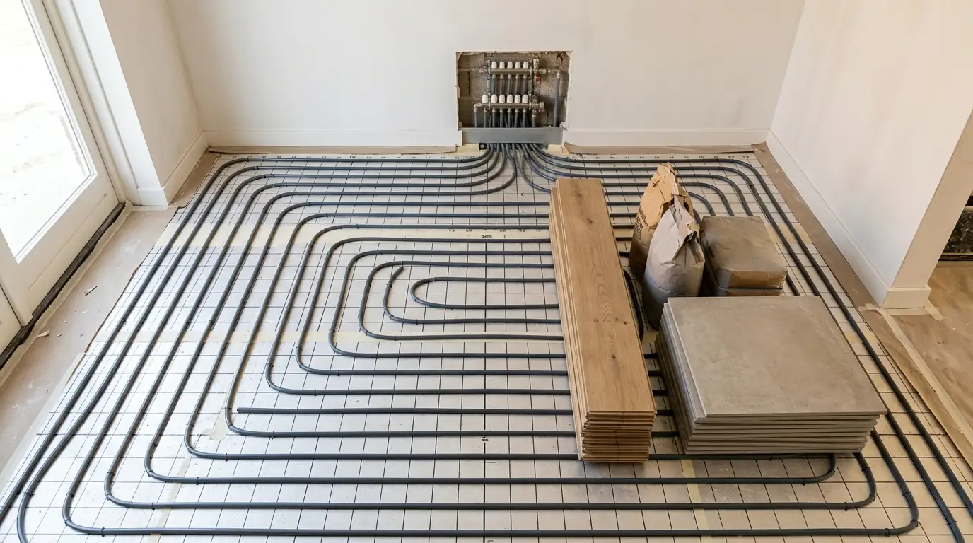 Voorbereide vloer met vloerverwarming en materialen voor hoogwaardige vloerafwerking